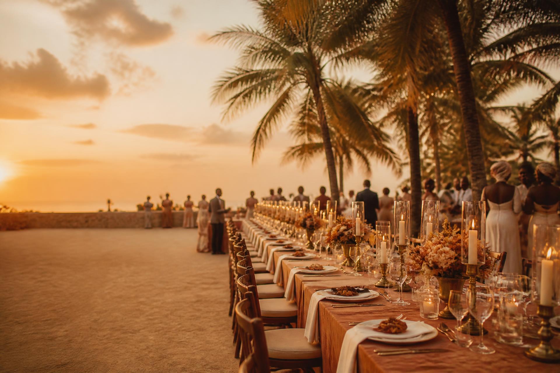 Longue table de réception dressée au coucher du soleil sous les palmiers